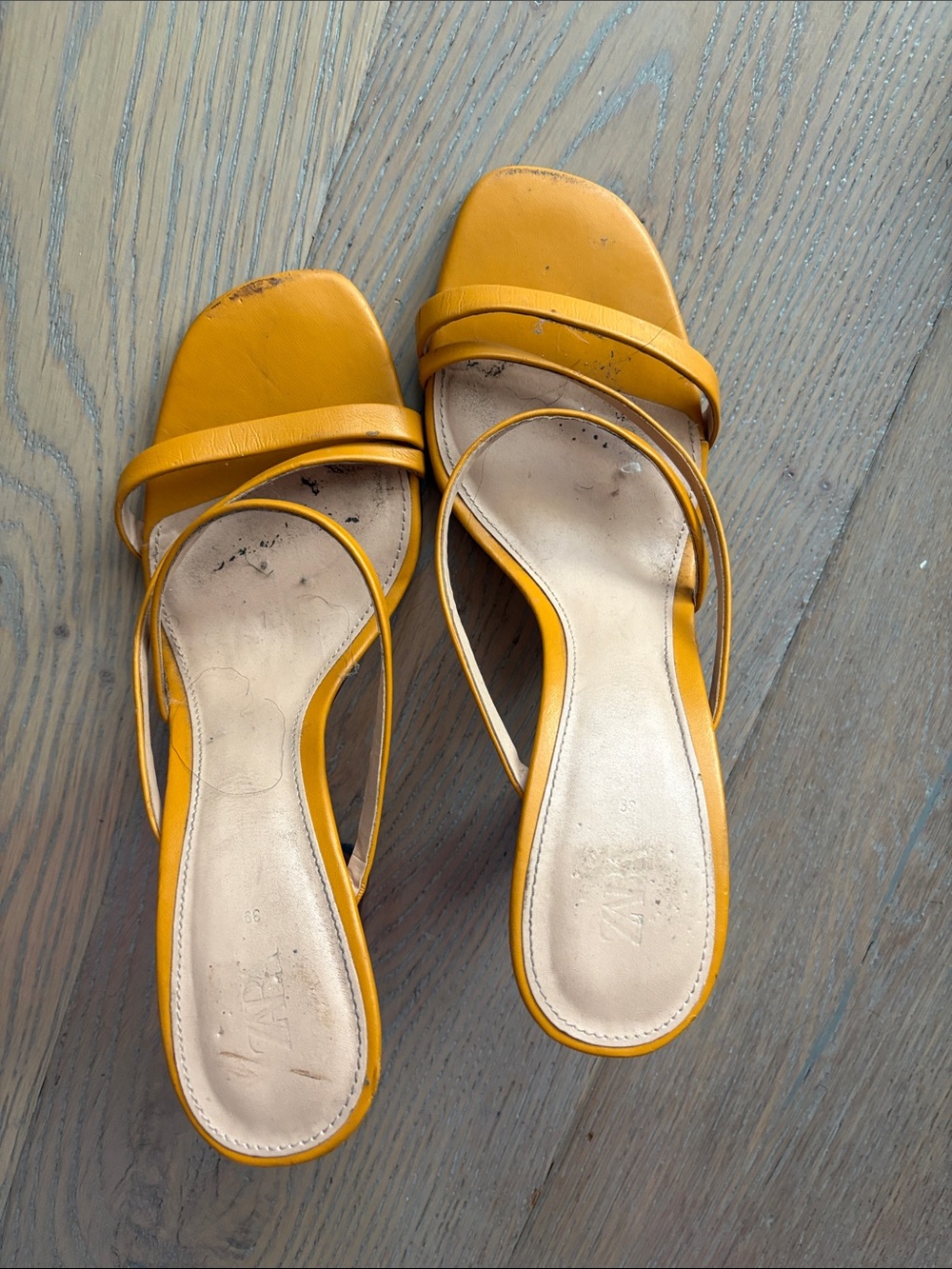 Zara Mustard Yellow Strappy Square-Toe Slide Sandals